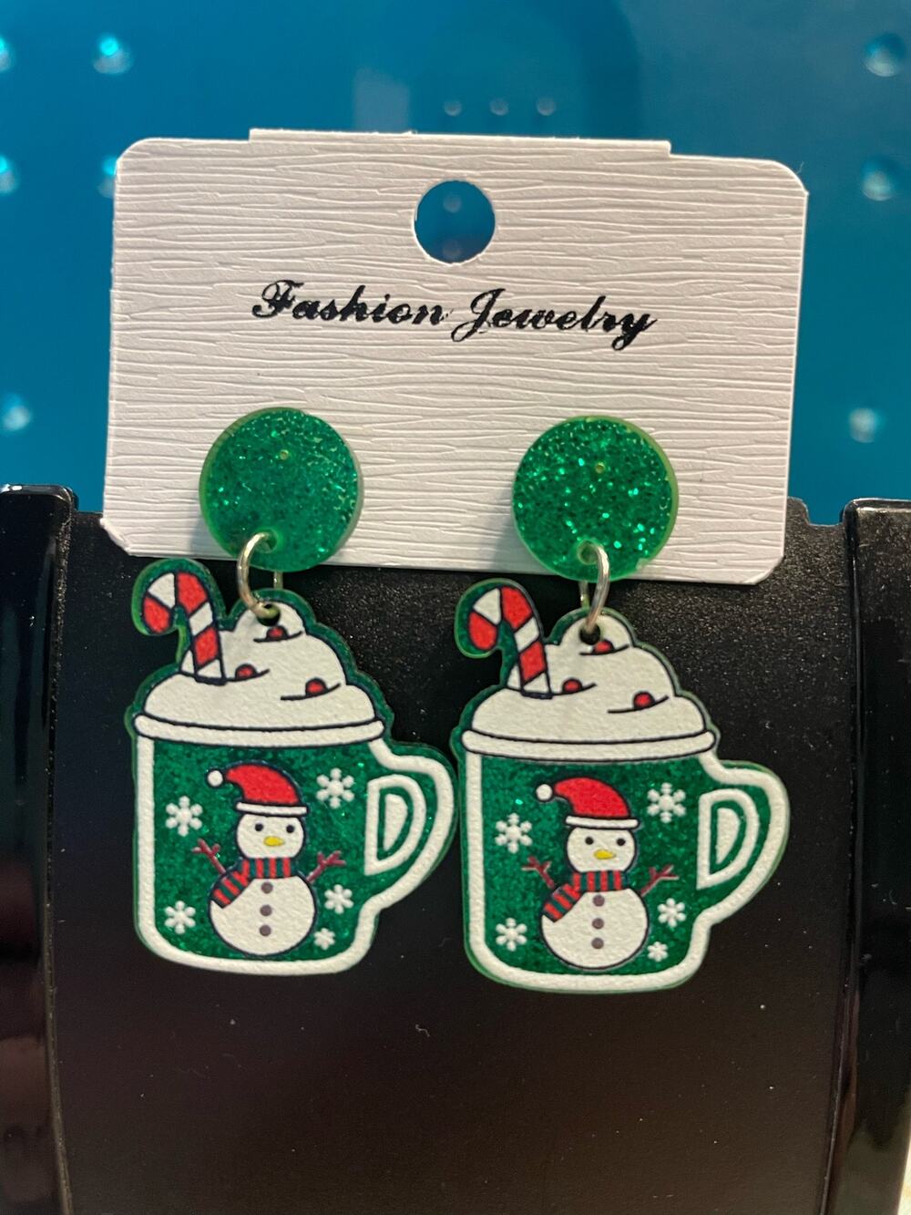 Christmas snowman coffee whipped cream cup drinks pierced drop earrings - NEW -